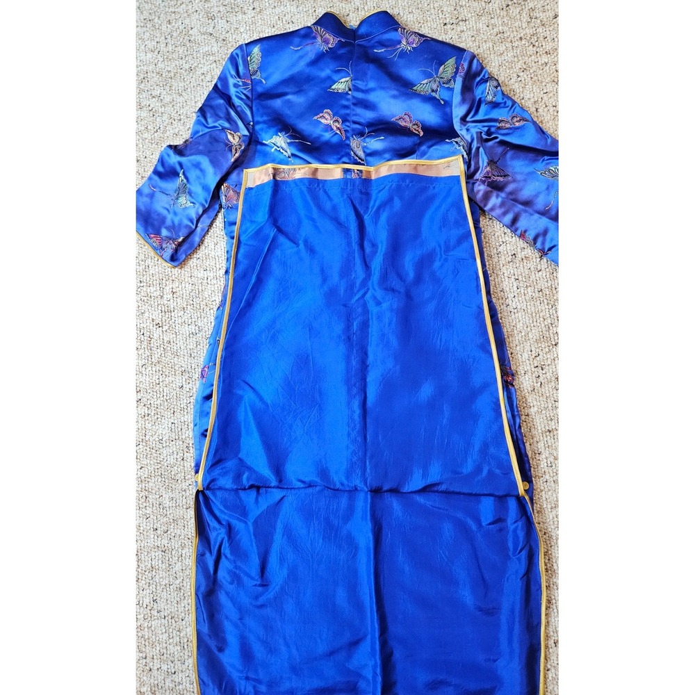 Blue Satin Butterfly Embroidered Cheongsam Qipao Maxi Dress Mandarin Collar - Picture 15 of 16